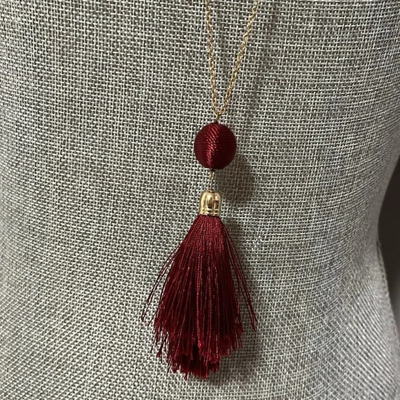Long Tassel Necklace Burgundy and Gold - Picture 3 of 4
